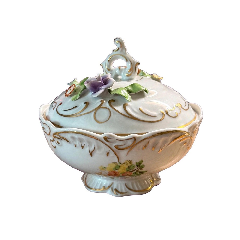 Vintage Dresden Porcelain Footed Candy Dish W/ Lid Hand Painted Gold Gilt